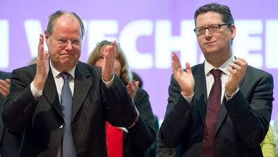 Wollen im September Angela Merkel und Volker Bouffier ablösen. Peer Steinbrück und Thorsten Schäfer-Gümbel. Foto dpa