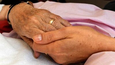 Schwester Pauline hält im Hospiz in Stuttgart die Hand einer totkranken Bewohnerin (Foto dpa)